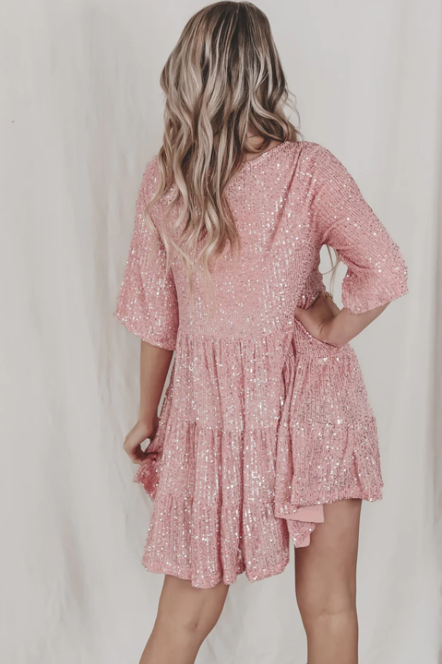 Sequin Tiered Ruffle Short Sleeve Crew Neck Babydoll Mini Party Dress - View 22