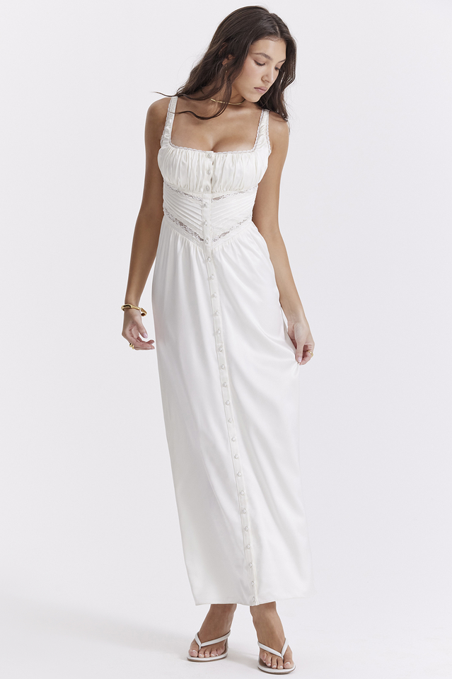 Lace Trim Square Neck Corset Panel Button Front Maxi Dress - View 3