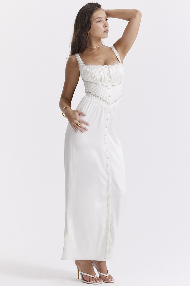 Lace Trim Square Neck Corset Panel Button Front Maxi Dress - View 5