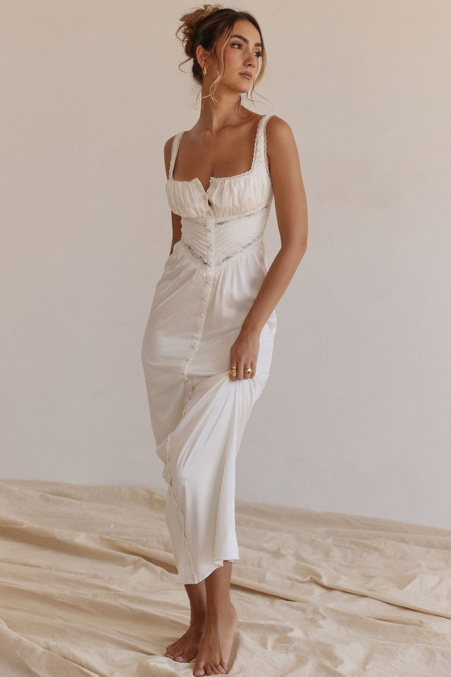 Lace Trim Square Neck Corset Panel Button Front Maxi Dress - View 9