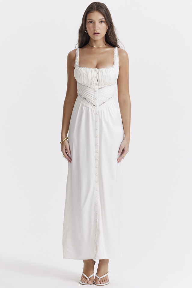 Lace Trim Square Neck Corset Panel Button Front Maxi Dress