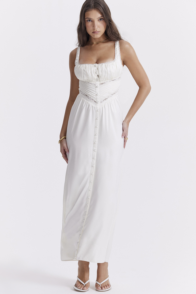 Lace Trim Square Neck Corset Panel Button Front Maxi Dress - View 2