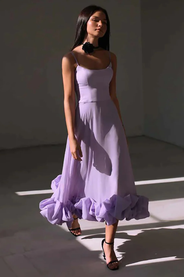 Flounce Bustier Midi Dress in Pink