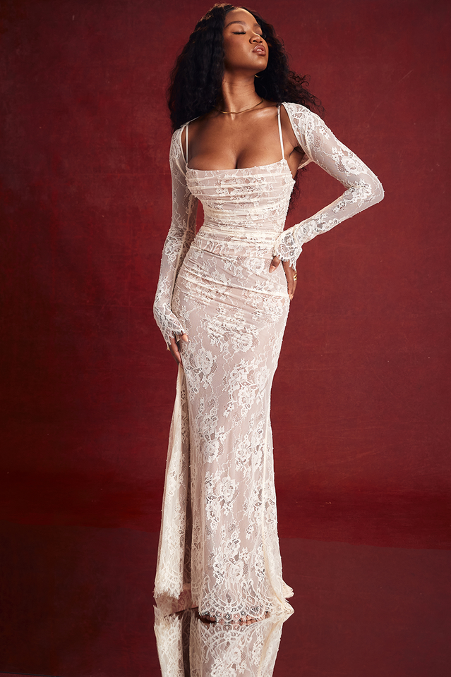 Vintage Cream White Lace Maxi Dress - View 5