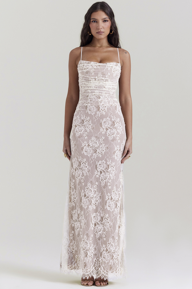 Vintage Cream White Lace Maxi Dress - View 2