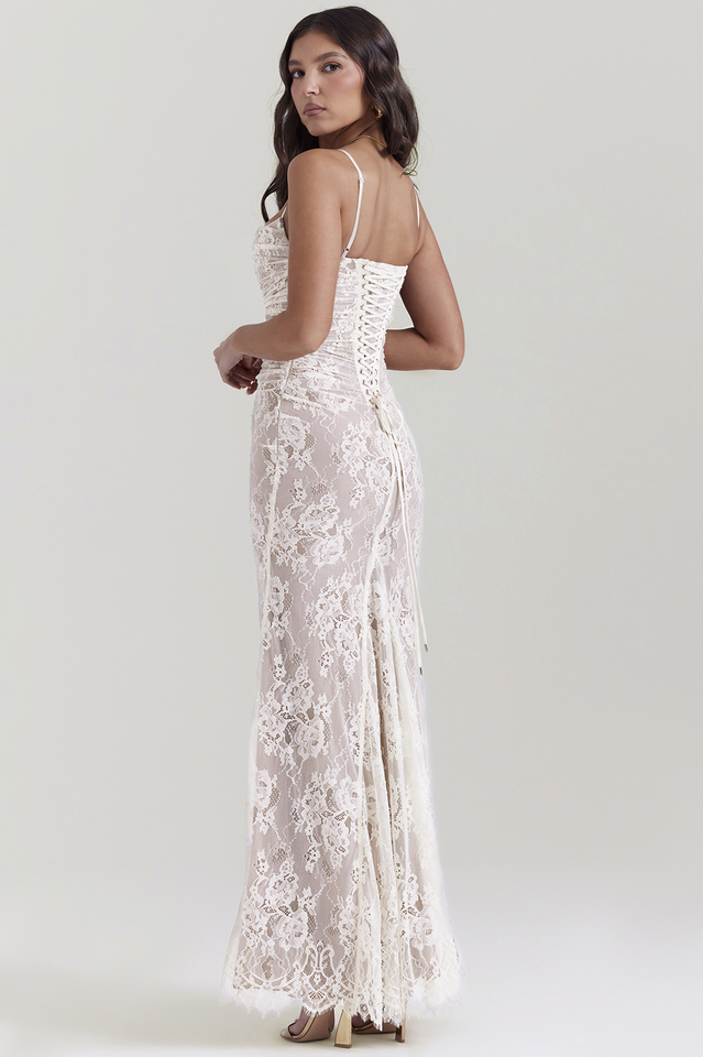 Vintage Cream White Lace Maxi Dress - View 4