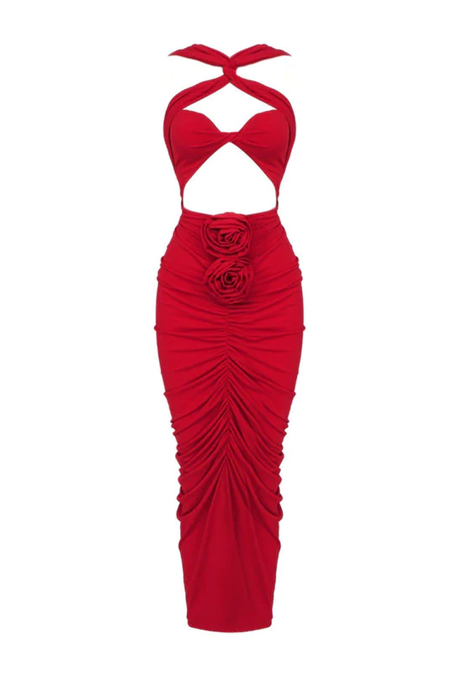Cross Front Cut Out Rosette Ruched Bodycon Midi Dress 14