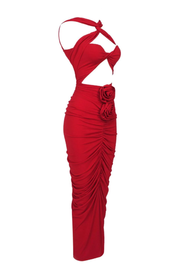 Cross Front Cut Out Rosette Ruched Bodycon Midi Dress 15
