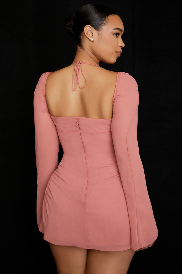 Chiffon Halter Neck Long Sleeve Ruched Cut Out Mini Dress 37