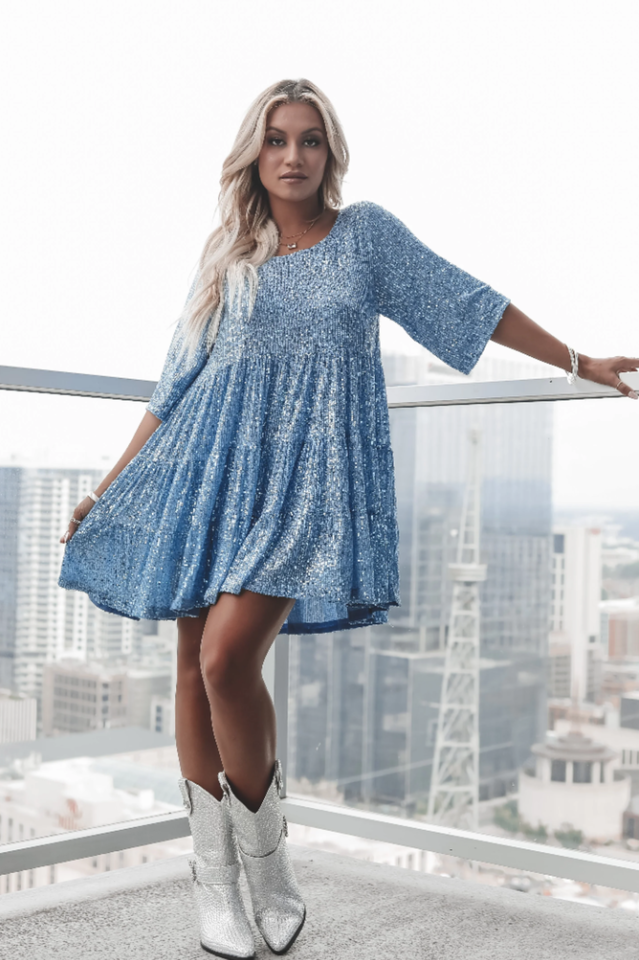 Sequin Tiered Ruffle Short Sleeve Crew Neck Babydoll Mini Party Dress 35