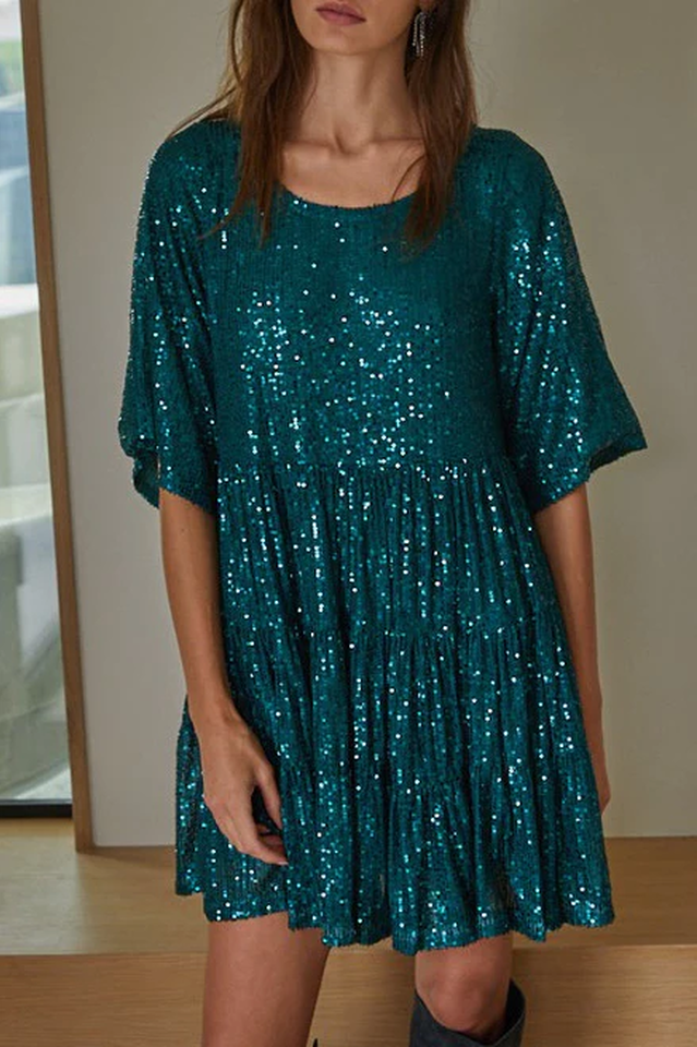 Sequin Tiered Ruffle Short Sleeve Crew Neck Babydoll Mini Party Dress 36