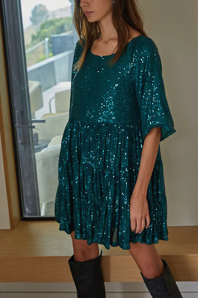 Sequin Tiered Ruffle Short Sleeve Crew Neck Babydoll Mini Party Dress 37