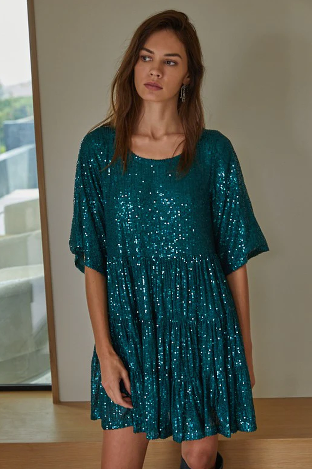 Sequin Tiered Ruffle Short Sleeve Crew Neck Babydoll Mini Party Dress - View 7