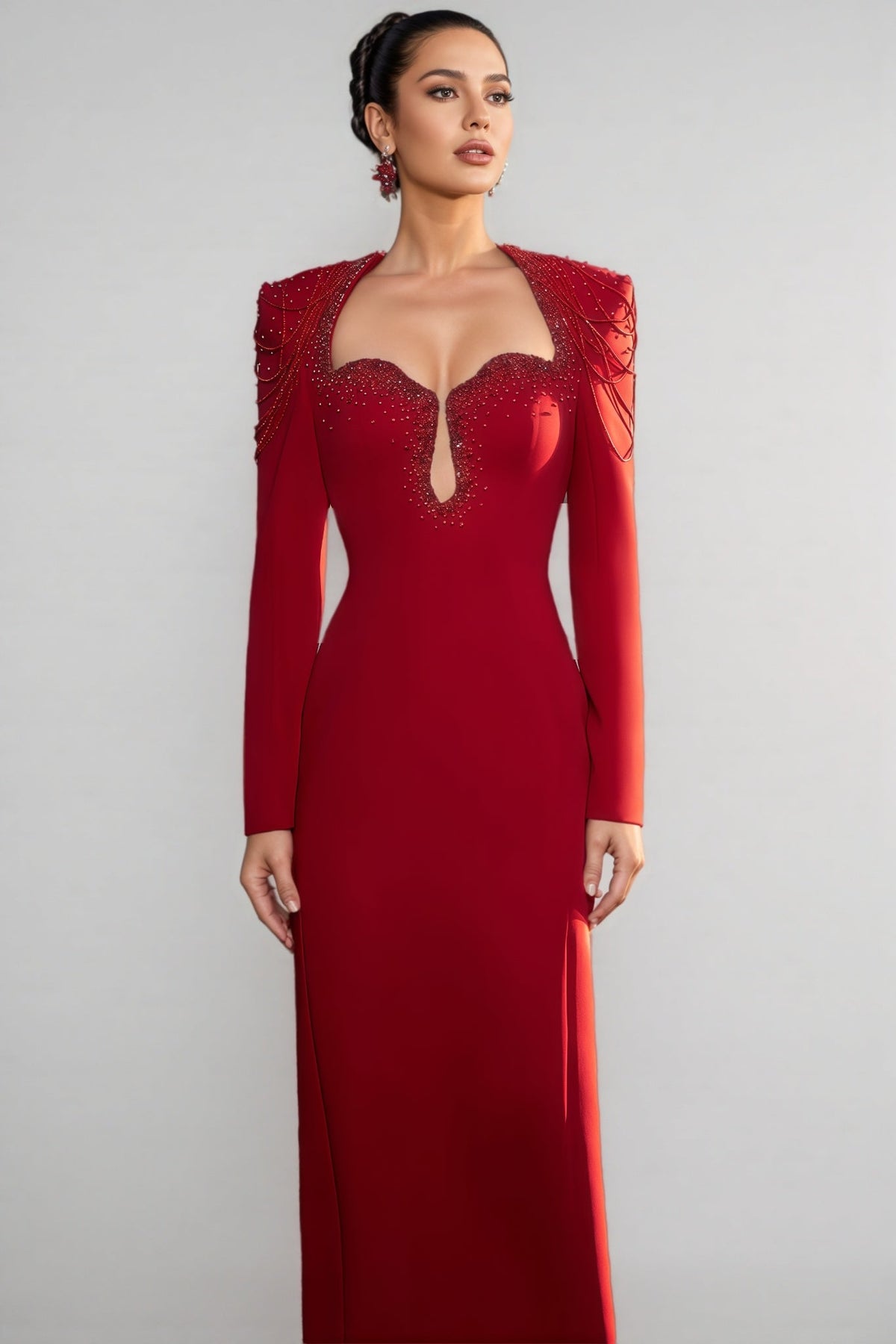 Sweetheart Keyhole Cut Out Long Sleeve Beaded Fringe Maxi Gown - View 3