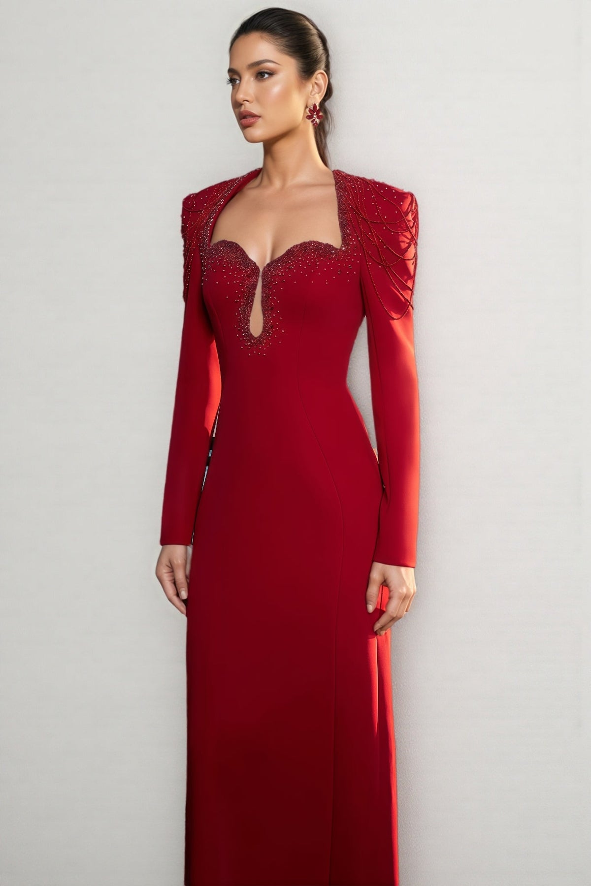 Sweetheart Keyhole Cut Out Long Sleeve Beaded Fringe Maxi Gown - View 4