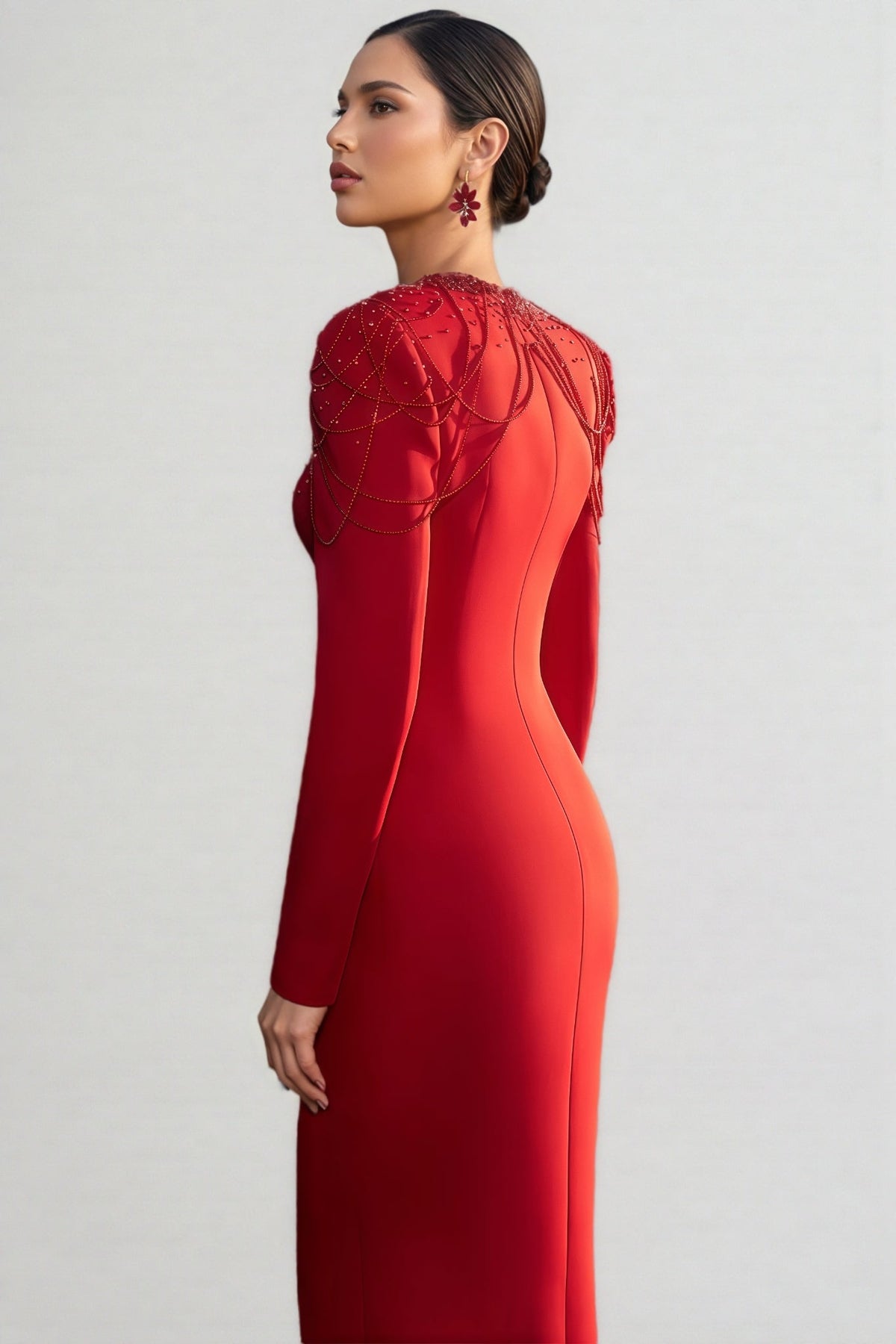 Sweetheart Keyhole Cut Out Long Sleeve Beaded Fringe Maxi Gown - View 6