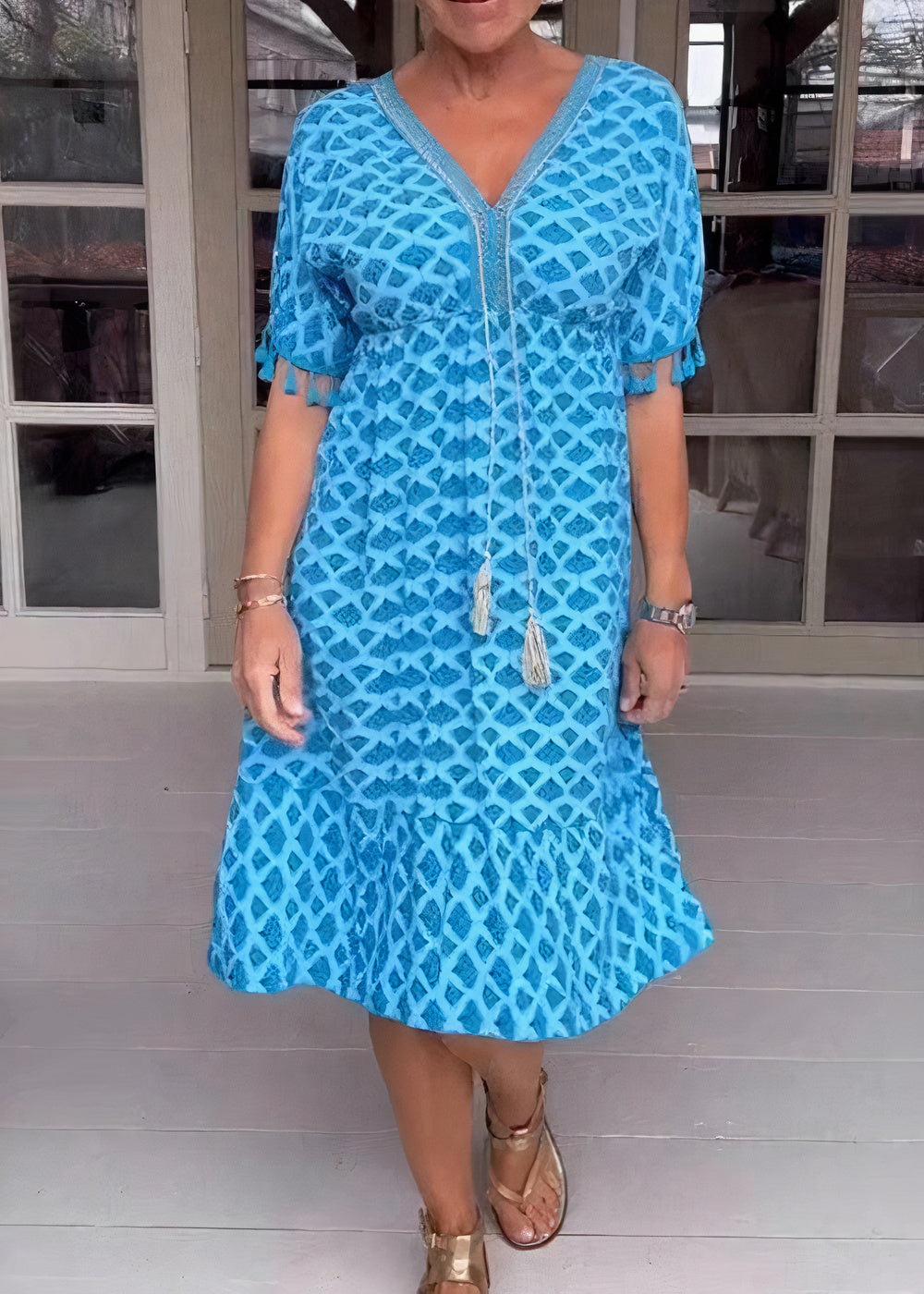 Deep V-Neck Diamond Lace Overlay Tassel Trim Short Sleeve Midi Dress - View 5