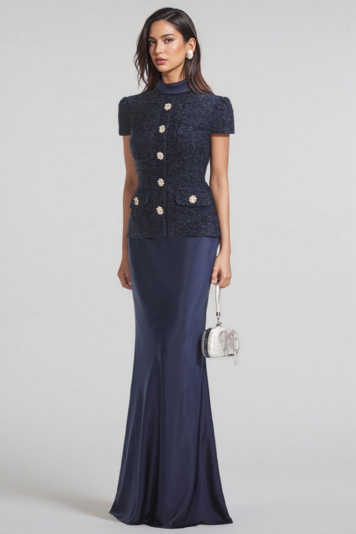Faux Two Piece Bouclé Mock Neck Crystal Button Mermaid Maxi Dress - View 3