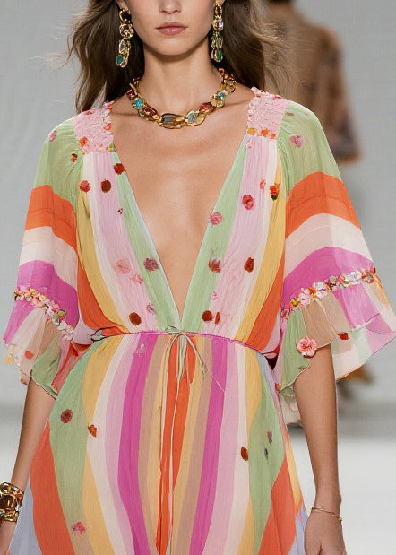 Rainbow Striped Chiffon Party Dress Ruffled Low High Design Summer - View 2