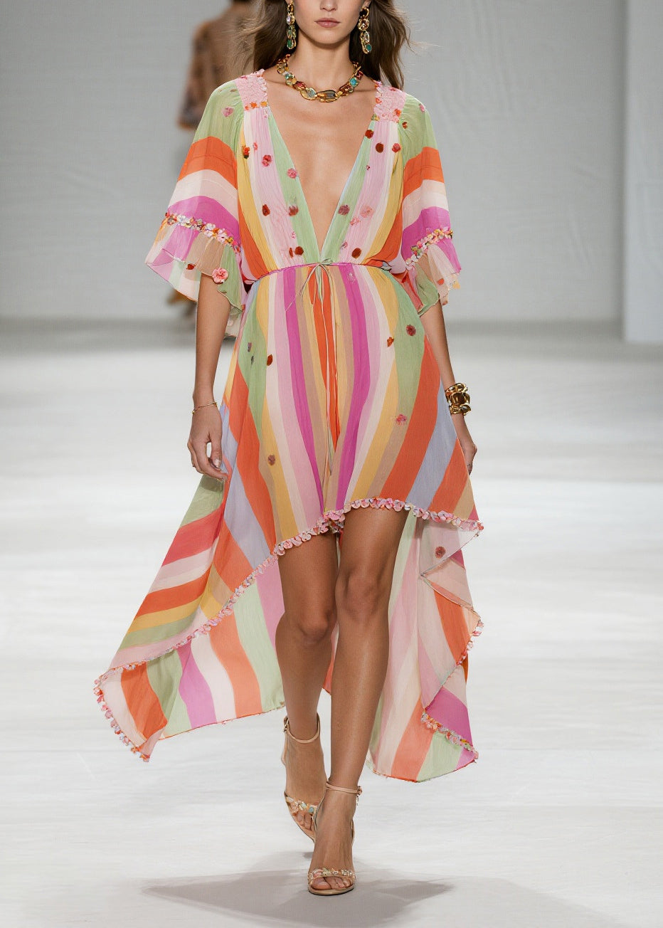 Rainbow Striped Chiffon Party Dress Ruffled Low High Design Summer - View 3