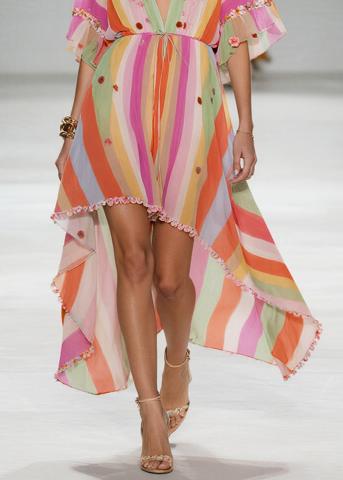 Rainbow Striped Chiffon Party Dress Ruffled Low High Design Summer - View 4