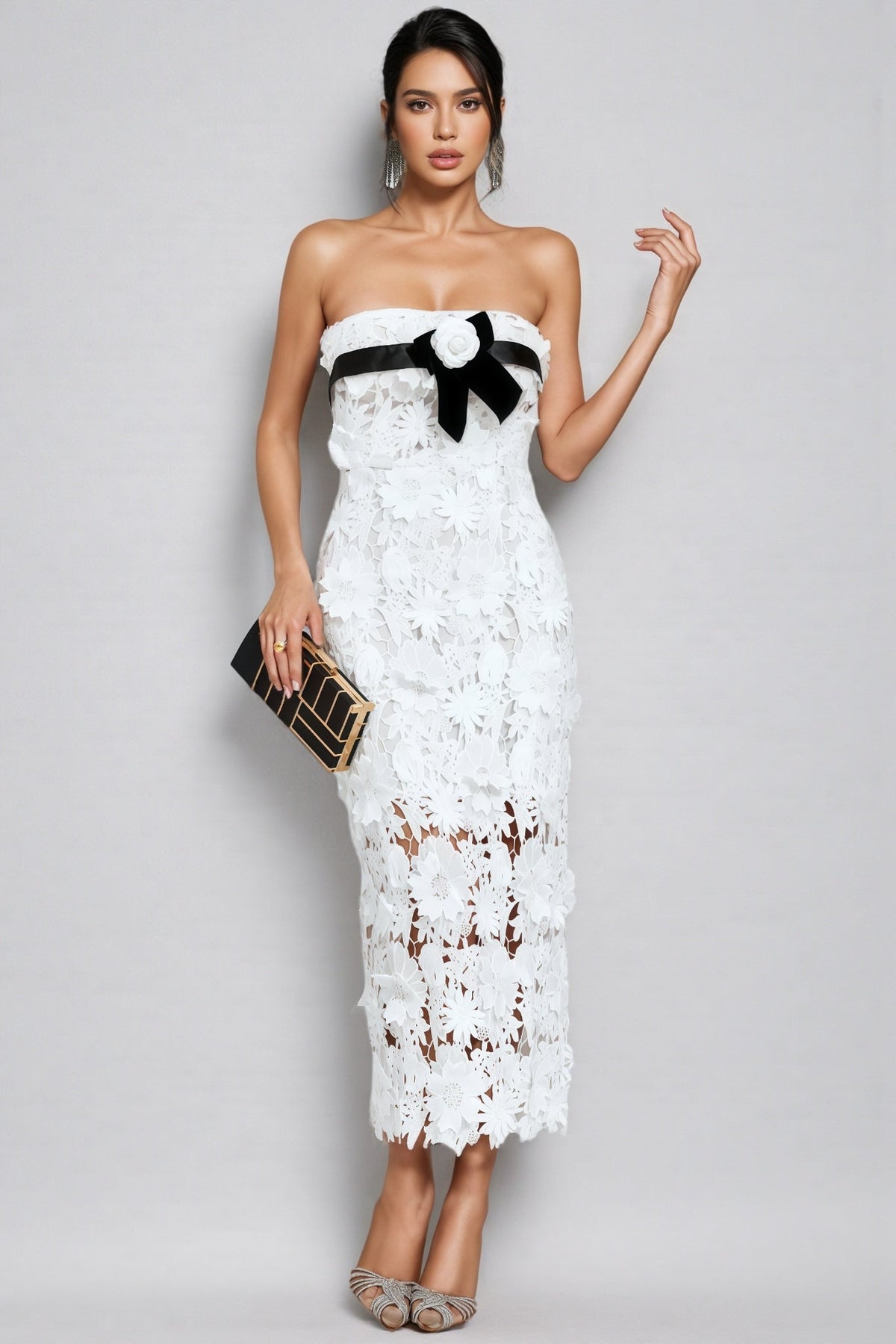 Floral Lace Strapless Sheer Bodycon Midi Dress - View 5