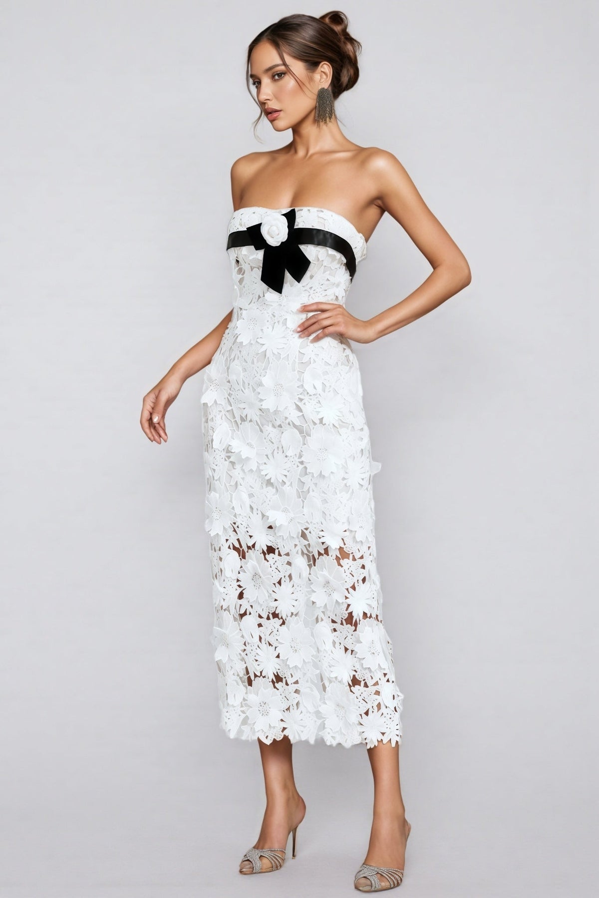Floral Lace Strapless Sheer Bodycon Midi Dress - View 2