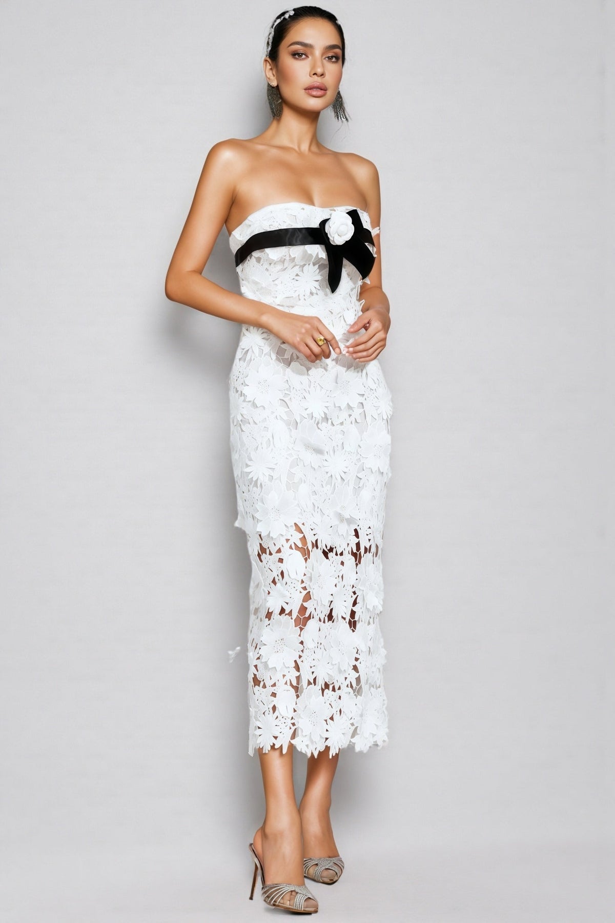 Floral Lace Strapless Sheer Bodycon Midi Dress - View 3