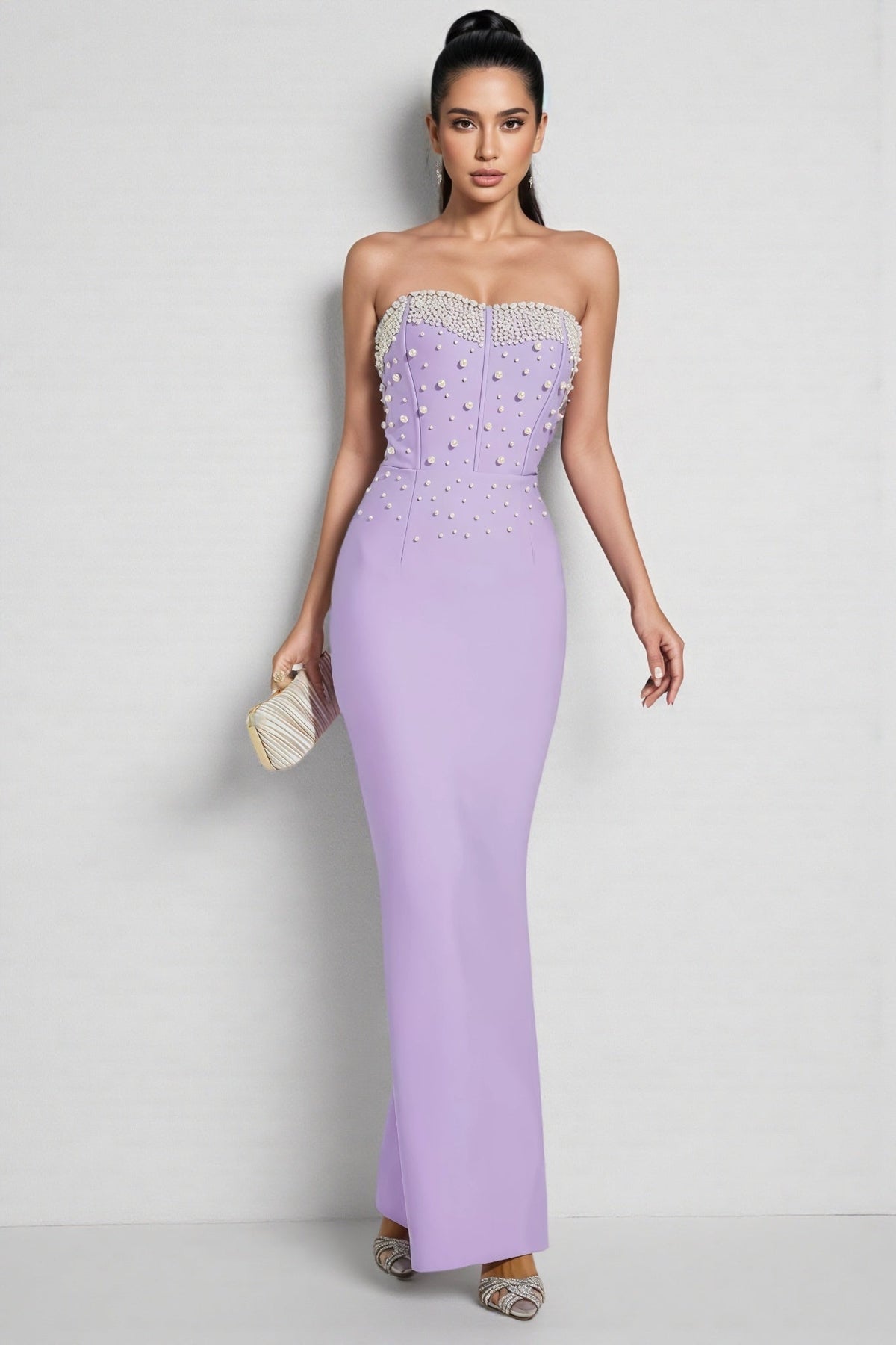 Pearl Beaded Strapless Sweetheart Corset Bandage Maxi Gown