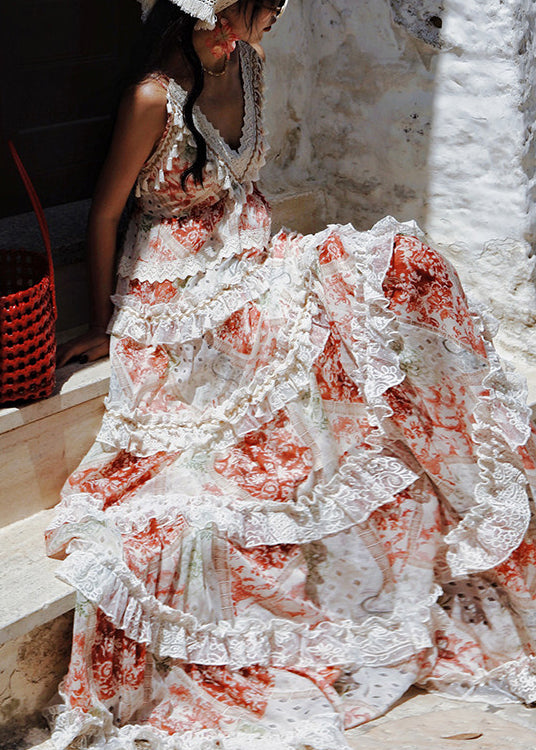V-Neck Sleeveless Lace Trim Tiered Ruffle Floral Maxi Dress - View 5