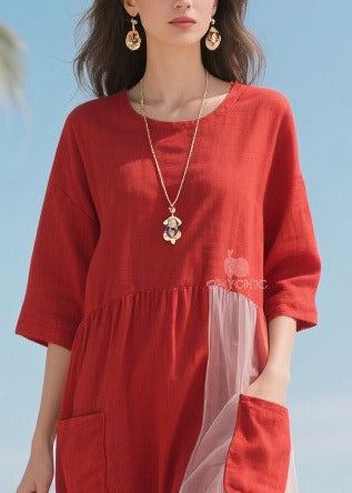 Round Neck Elbow Sleeve Patch Pocket Tulle Panel Midi Dress - View 2