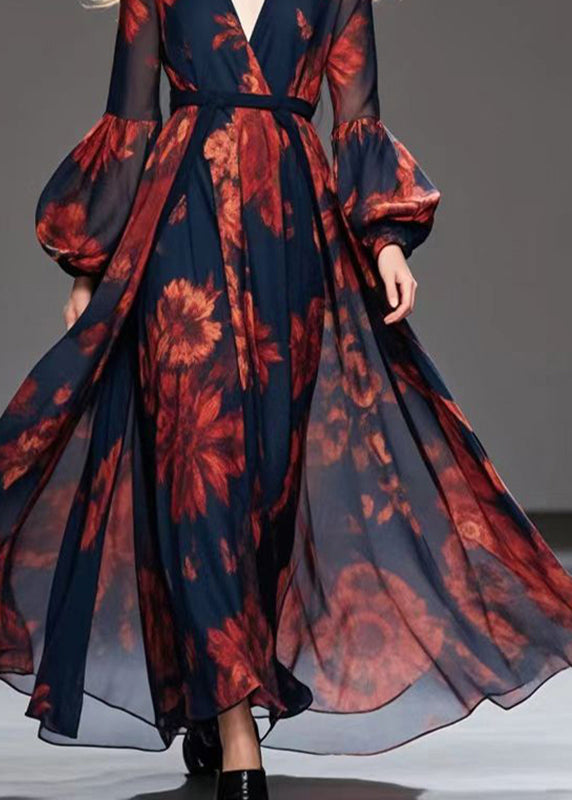 Floral Print Deep V-Neck Wrap Bishop Sleeve Tie Waist Maxi Gown - View 4