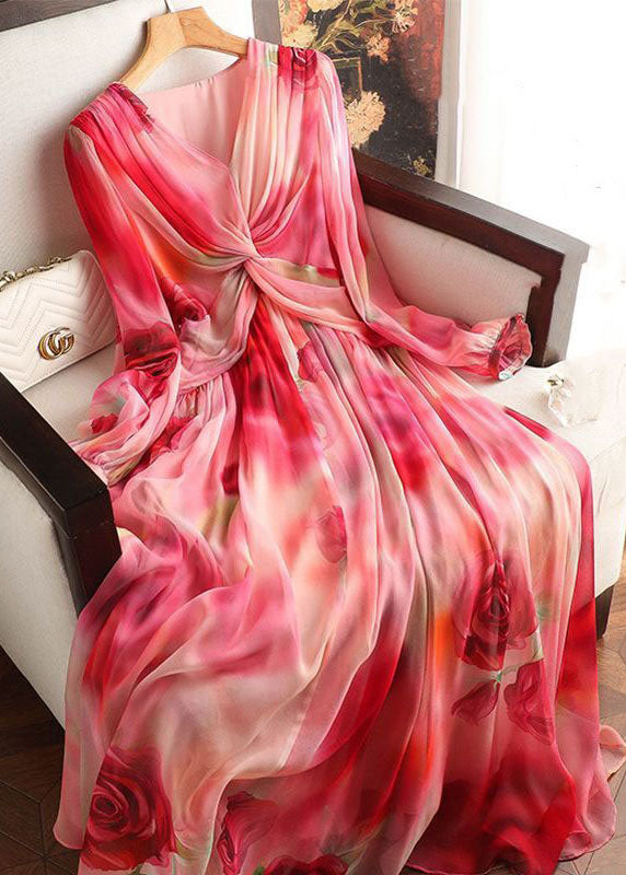 Floral Print Deep V-Neck Long Sleeve Twist Front Flowy Maxi Dress
