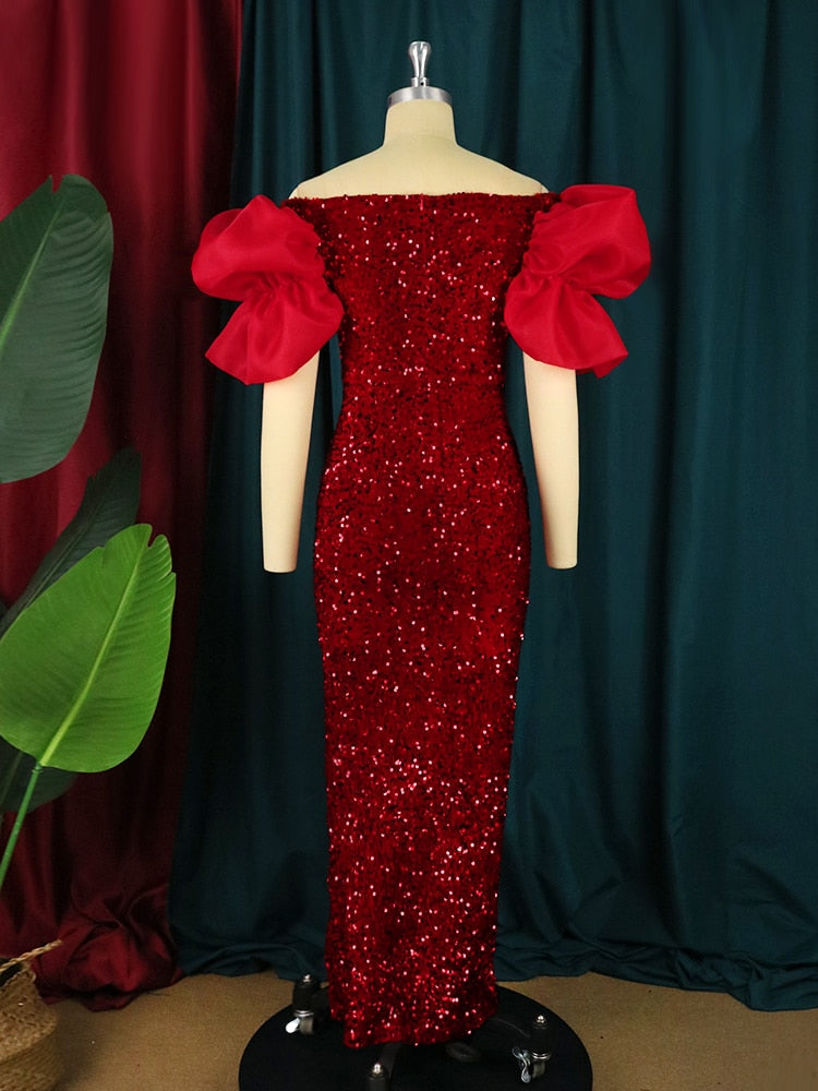 Sequin Off Shoulder Puff Sleeve V-Neck High Split Mermaid Gown - View 4