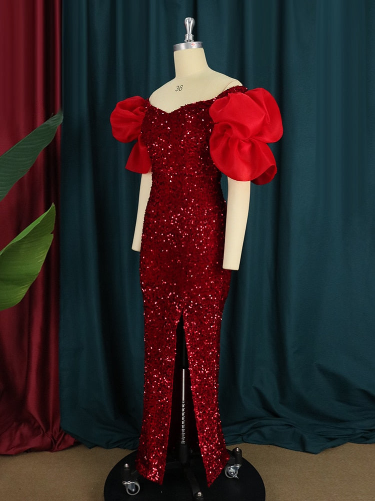 Sequin Off Shoulder Puff Sleeve V-Neck High Split Mermaid Gown - View 3