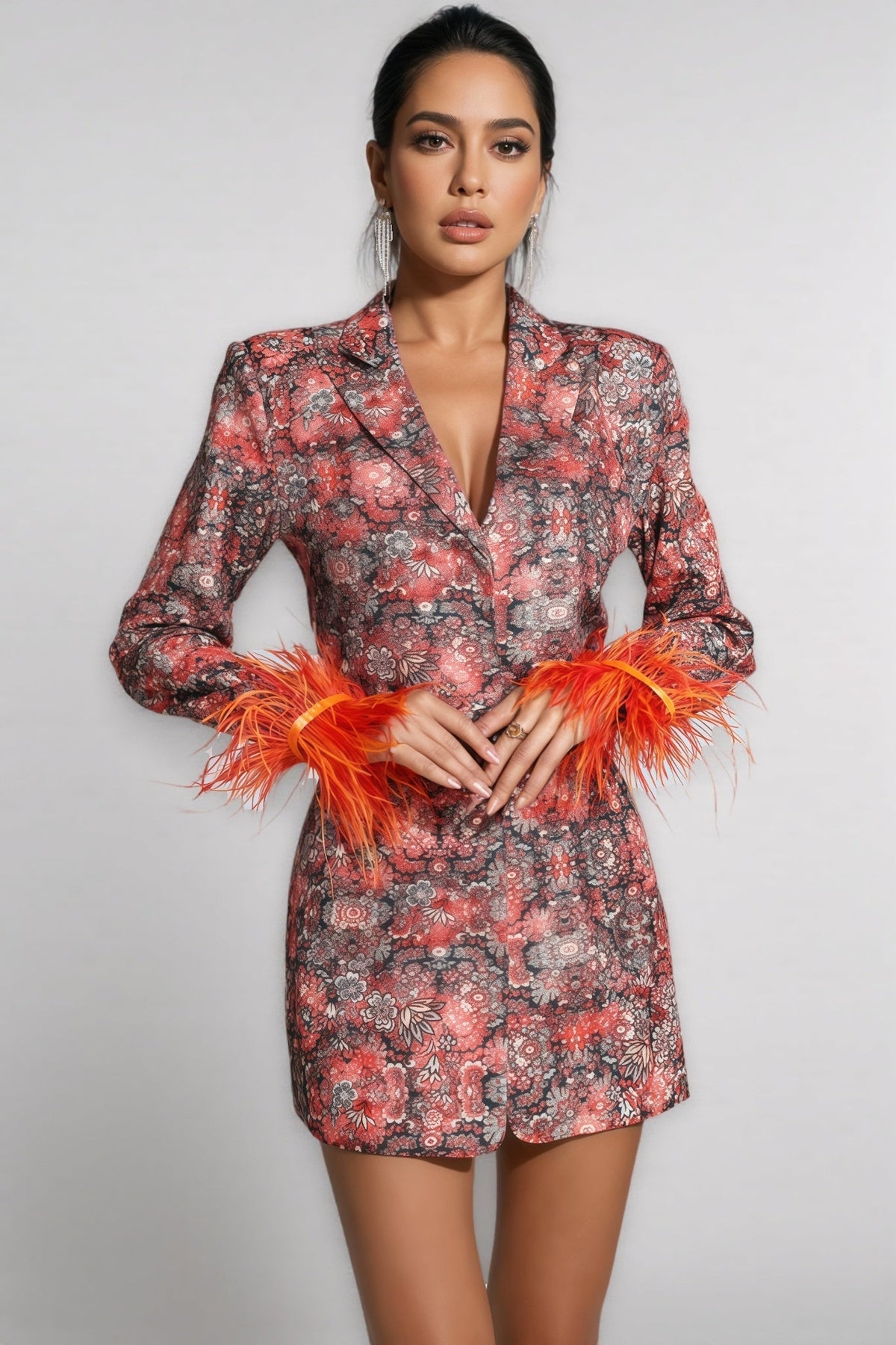 Floral Jacquard Feather Trim Belted Blazer Mini Dress - View 5