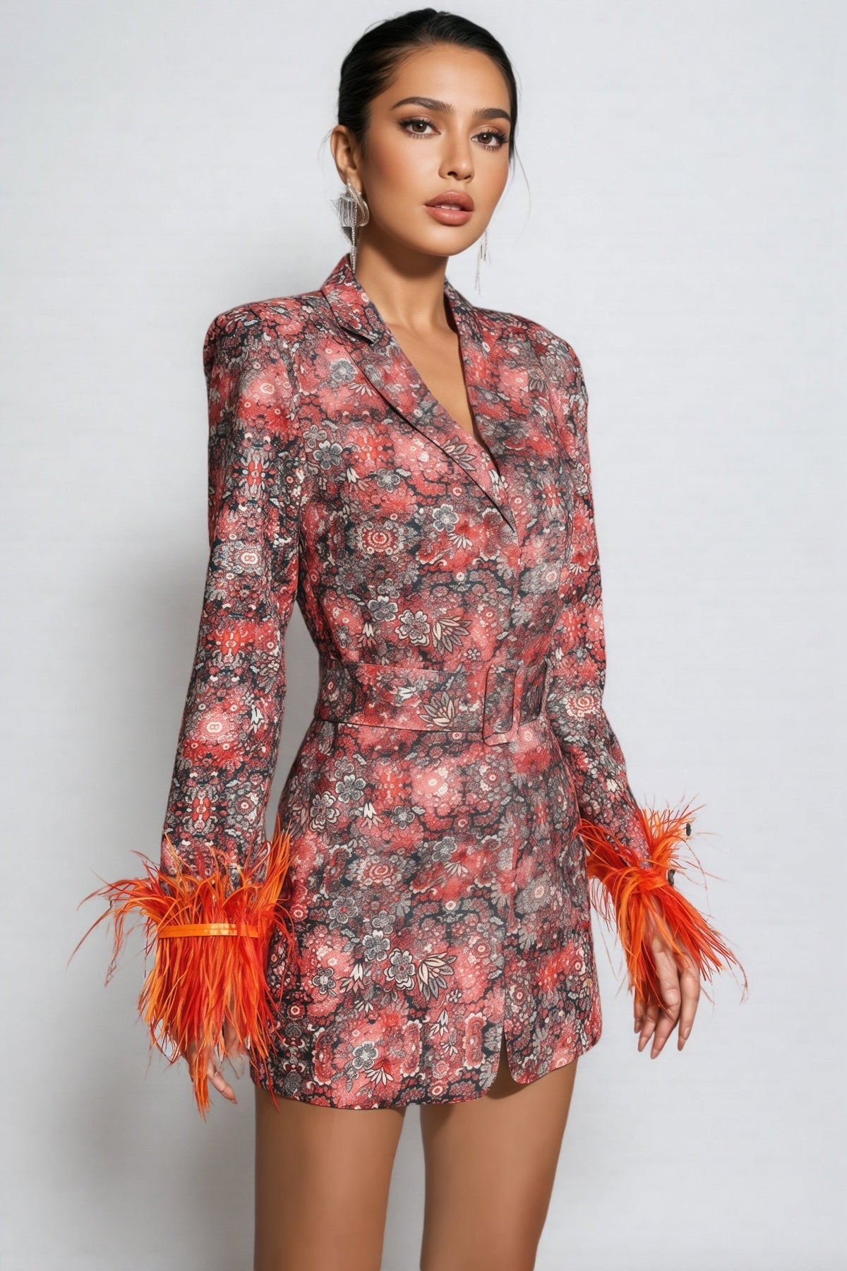 Floral Jacquard Feather Trim Belted Blazer Mini Dress - View 4