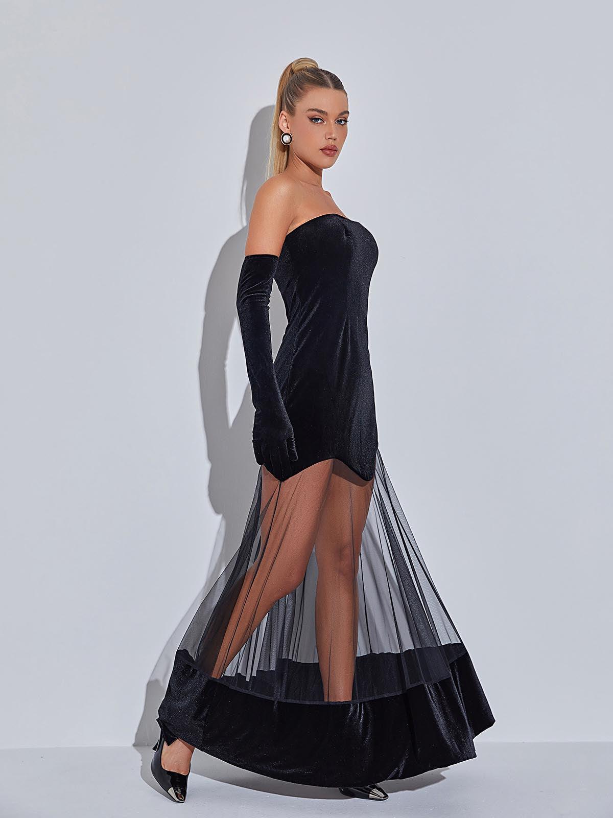 Rena Strapless Velvet Mesh Maxi Dress - View 5
