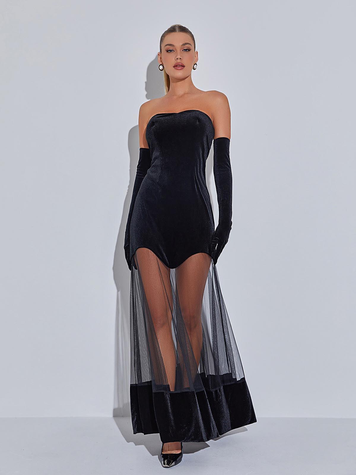 Rena Strapless Velvet Mesh Maxi Dress - View 4