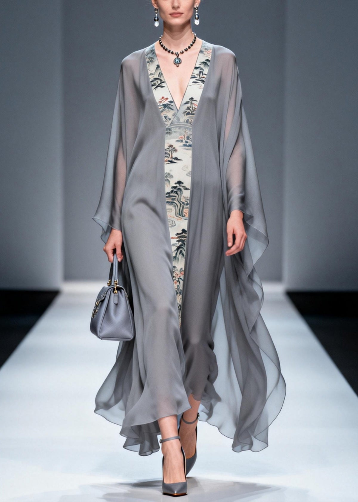 Retro Grey V Neck Patchwork Print Chiffon Maxi Dress Summer - View 5