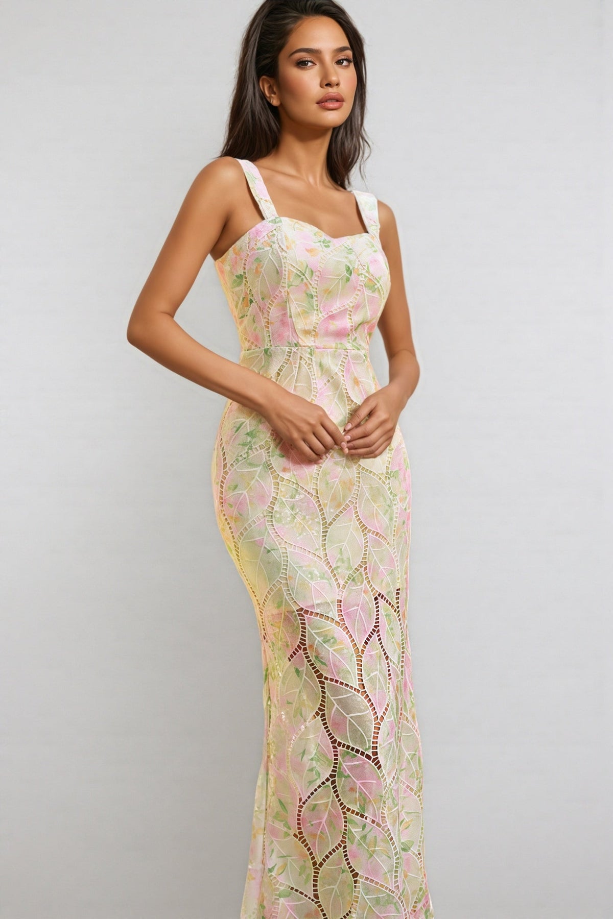 Floral Sequin Square Neck Sleeveless Mermaid Maxi Dress - View 3