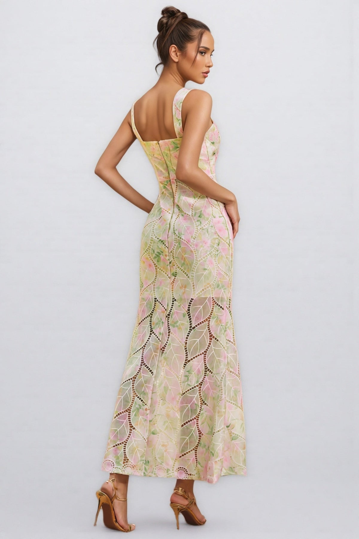 Floral Sequin Square Neck Sleeveless Mermaid Maxi Dress - View 5