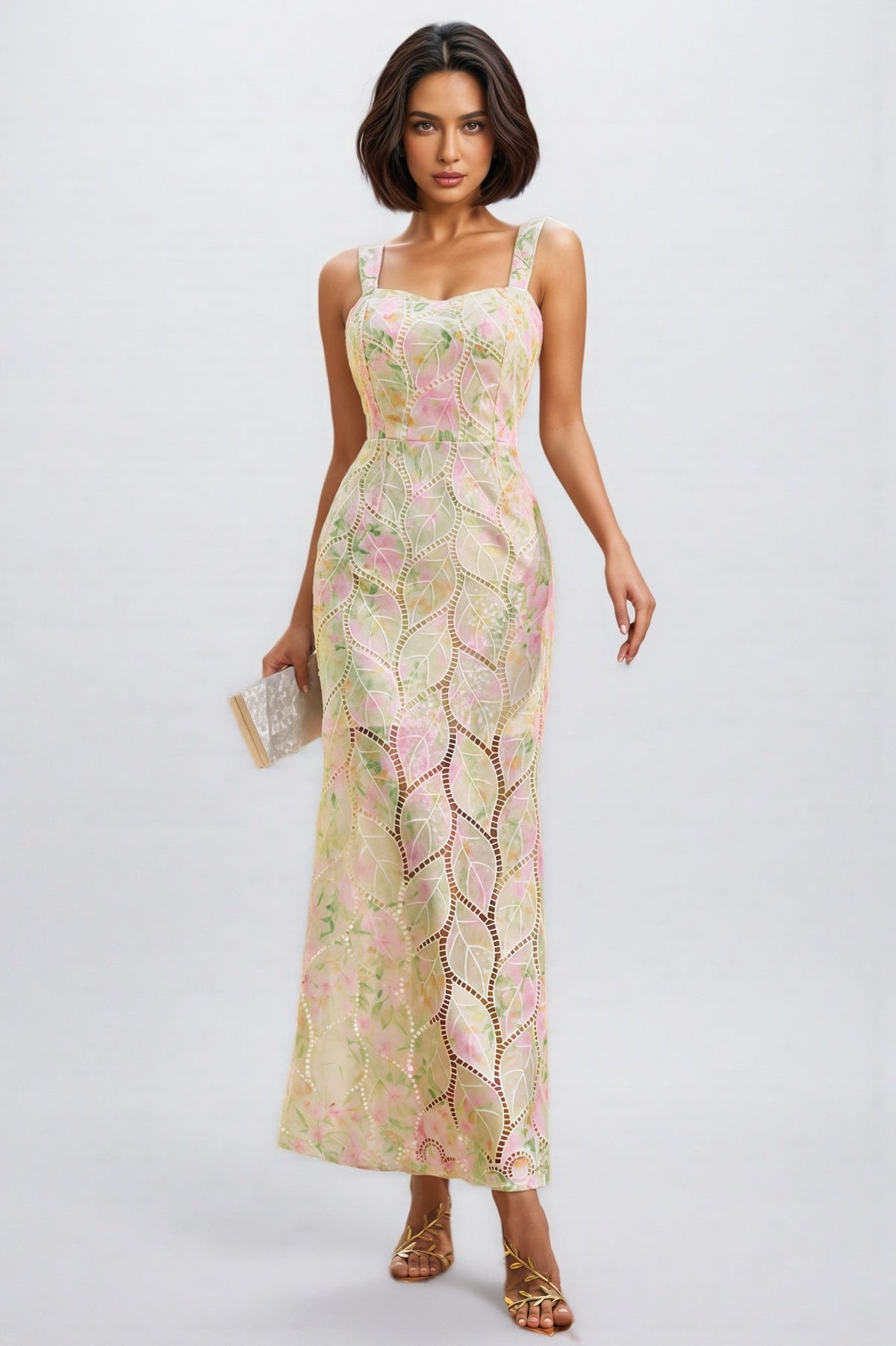 Floral Sequin Square Neck Sleeveless Mermaid Maxi Dress - View 4