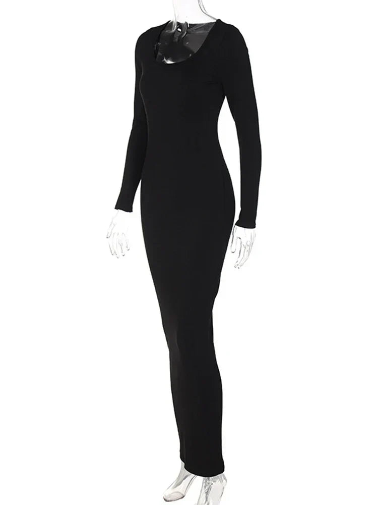 Ribbed Square Neck Long Sleeve Bodycon Midi Dress - View 5