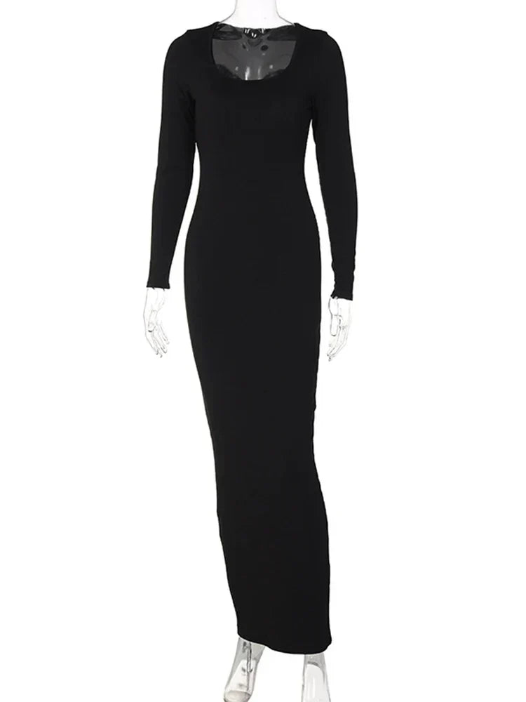 Ribbed Square Neck Long Sleeve Bodycon Midi Dress - View 4