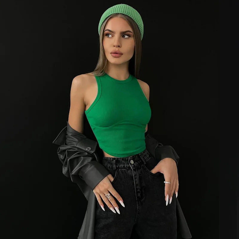 Ribbed Solid Women Skinny O-Neck Sleeveless Body-Shaping All-Matching Vest Female Streetwear
