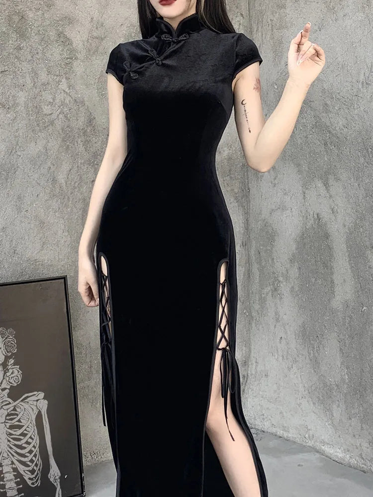 Velvet High Neck Cap Sleeve Lace Up High Split Bodycon Maxi Dress - View 7