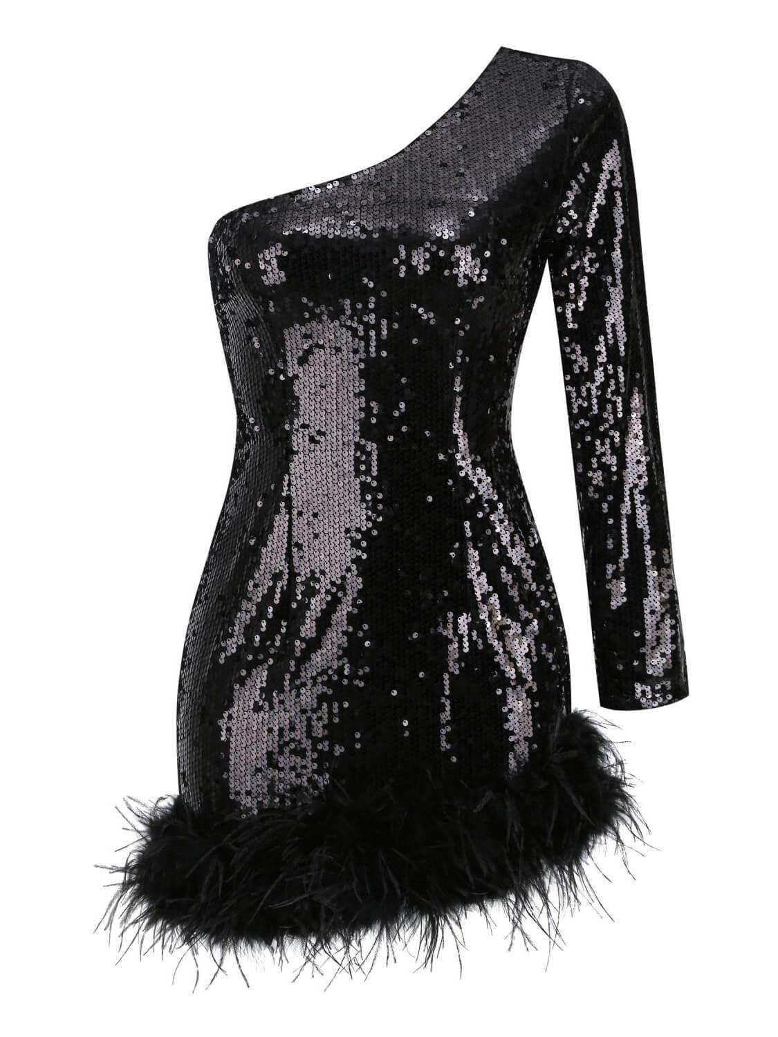 One Shoulder Sequin Feather Long Sleeve Bodycon Mini Dress - View 5