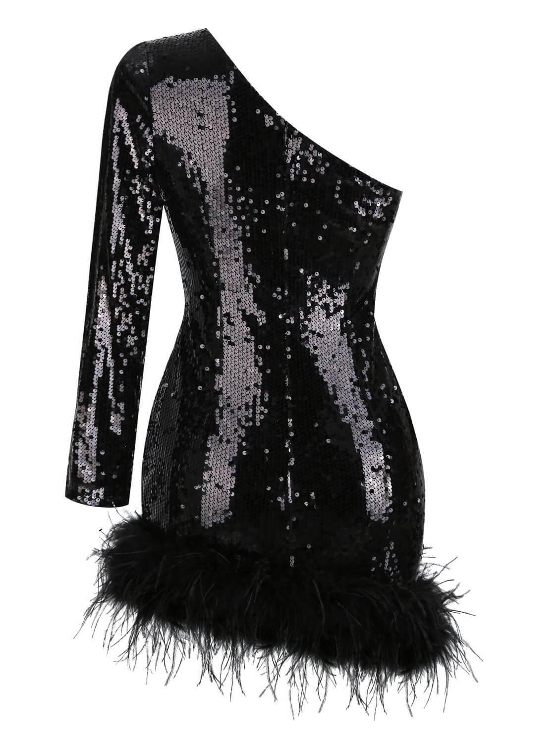 One Shoulder Sequin Feather Long Sleeve Bodycon Mini Dress - View 6