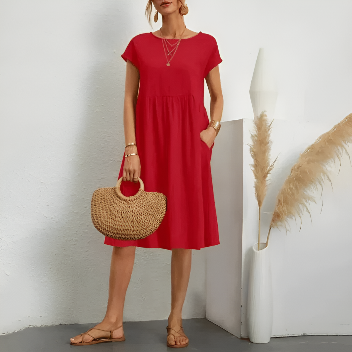 Crew Neck Cap Sleeve Pocket Midi Dress Summer 8
